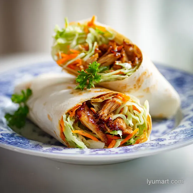 Neatly rolled chicken wrap artfully arranged with fresh greens and a side of dipping sauce.