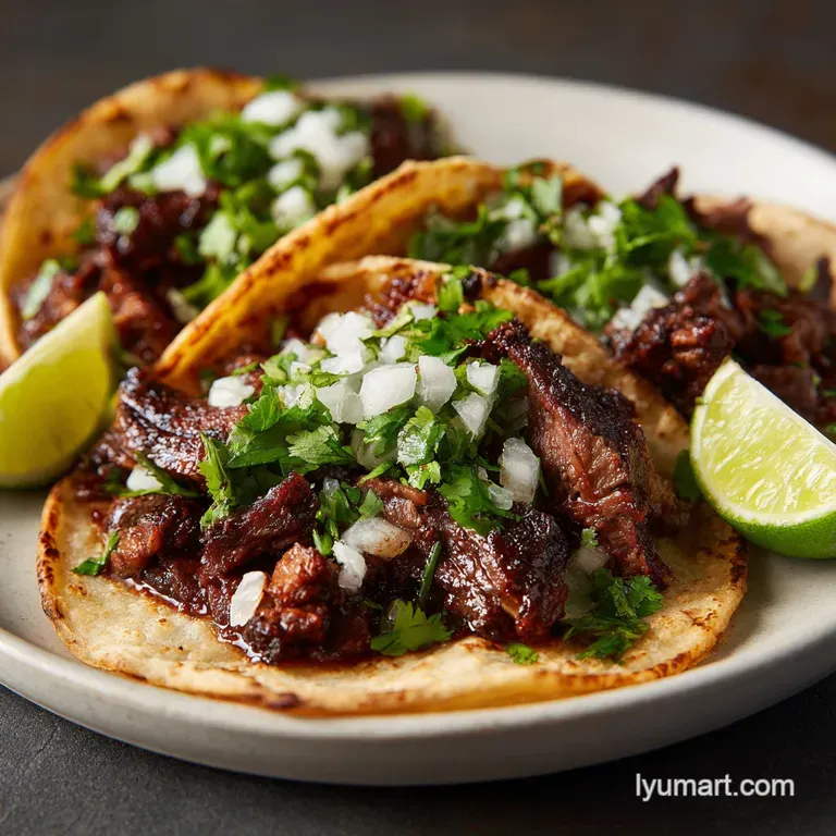 Three carne asada tacos artfully arranged on a rustic plate, garnished with cilantro and a dollop of crema.