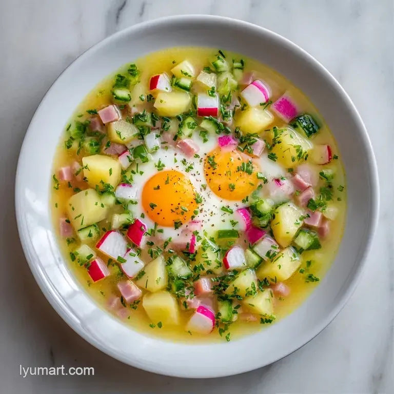 Cool creamy soup in a glass bowl, featuring colorful diced radishes and greens, garnished with a sprig of fresh dill.