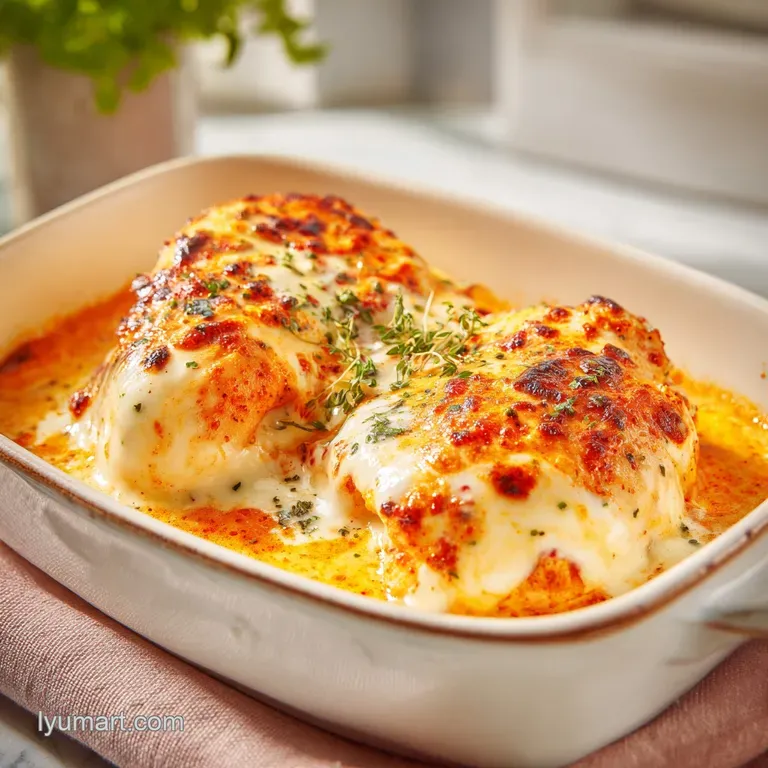 Elegant plating of tender chicken breasts smothered in a velvety white cream sauce with a sprinkle of fresh herbs.