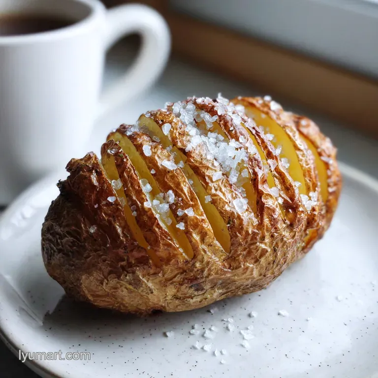 Fluffy baked potato, split open with a pat of melting butter glistening on the steaming interior, flecked with sea salt.