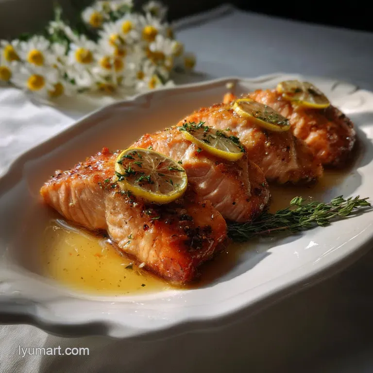 Elegant plate with perfectly cooked salmon, vibrant green asparagus spears, and a bright, zesty lemon slice. A culinary de...