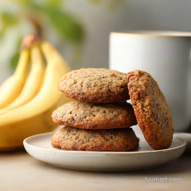 Stack of warm banana bread cookies on a rustic plate, dusted with powdered sugar; inviting, homemade treat ready to be enj...