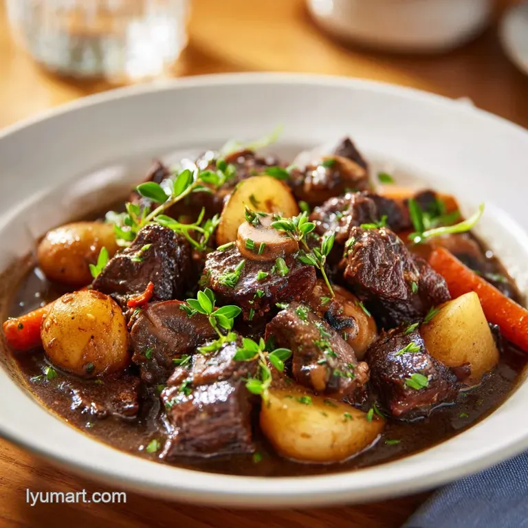 Tender beef bourguignon served in a rustic cast-iron pot, garnished with fresh thyme sprigs.