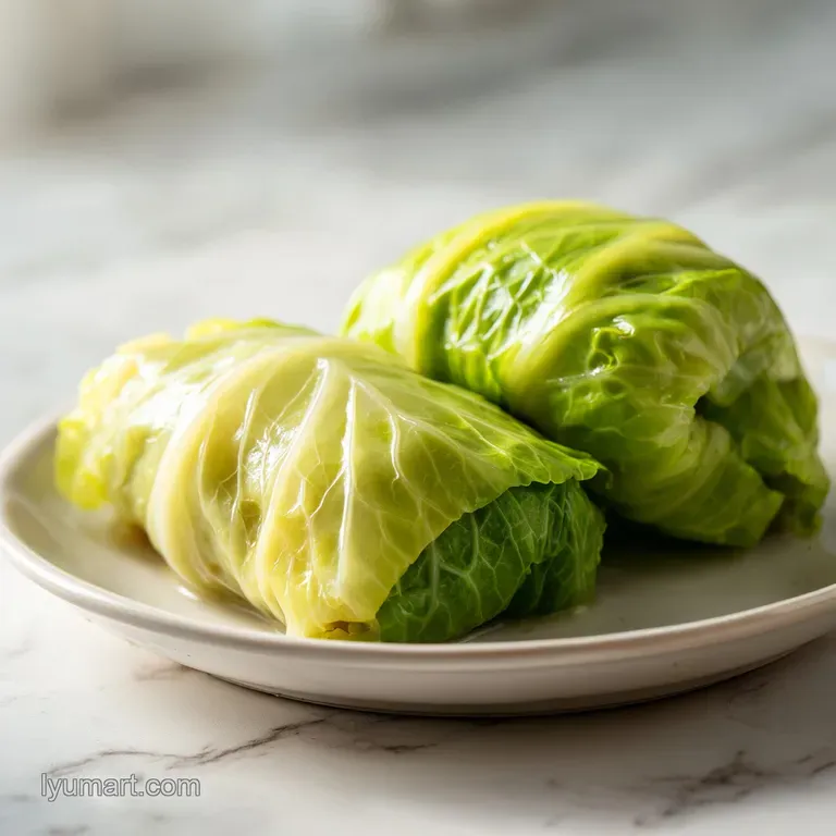 Two neatly rolled cabbage leaves topped with savory red sauce and a sprig of fresh green parsley on a white plate