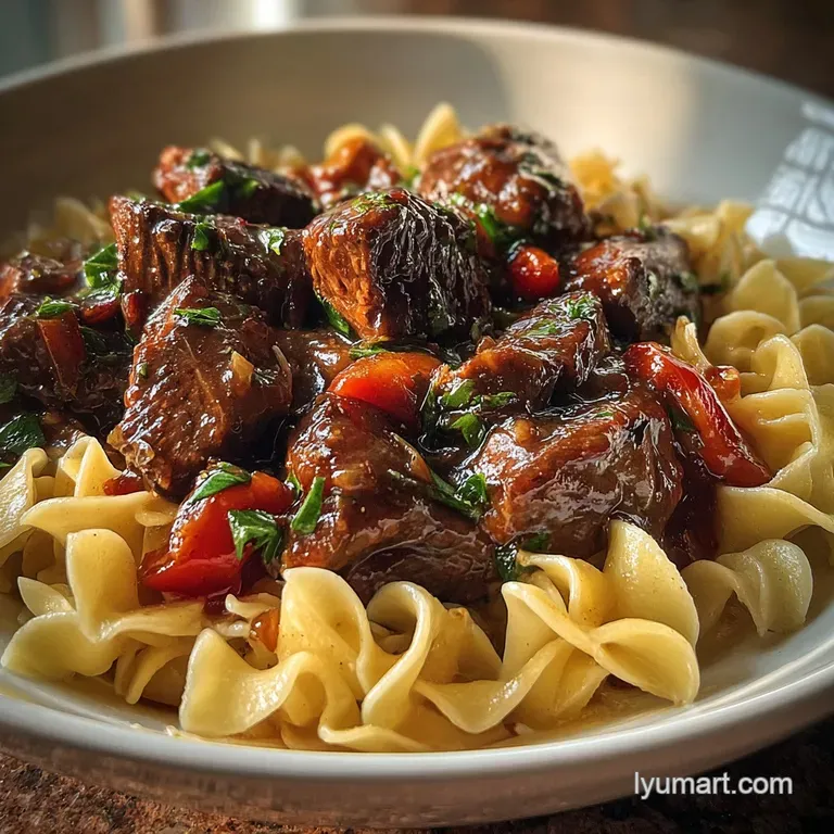 A swirl of tender beef tips and golden noodles, draped in savory sauce, artfully arranged in a shallow bowl.