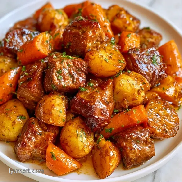Seared beef chunks and vibrant medley of roasted vegetables arranged on a matte plate with a drizzle of juice.