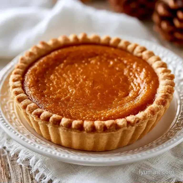 An elegant slice of orange spiced custard on a ceramic plate with a creamy swirl and a dusting of cinnamon.