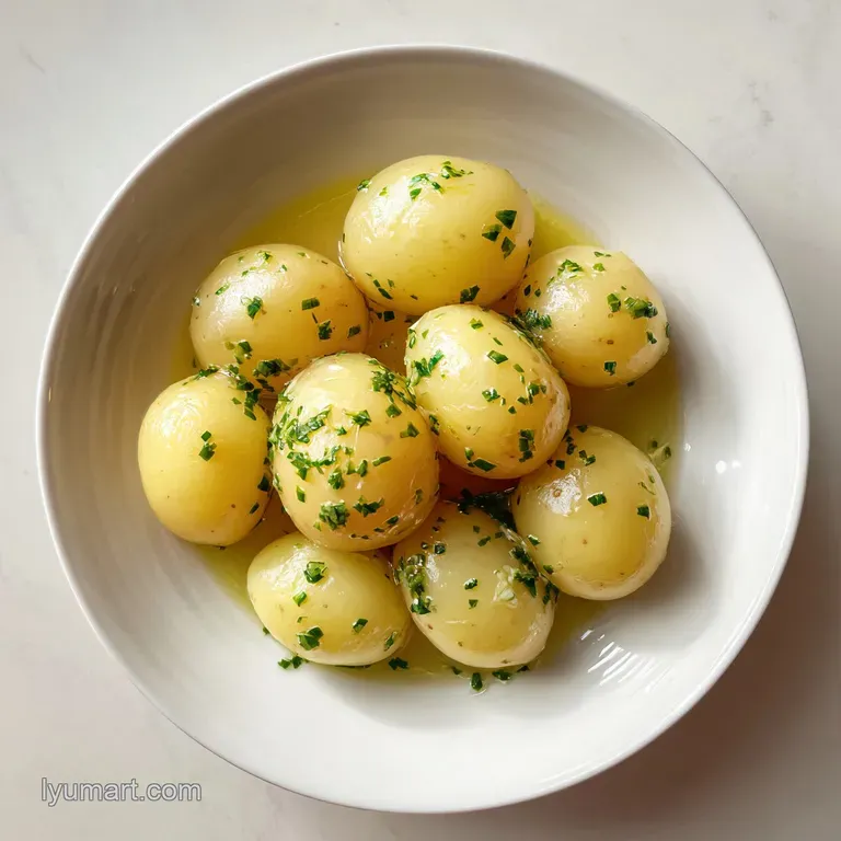 Buttery boiled potatoes artfully arranged in a white bowl. Sprinkled with fresh herbs. Appetizing and comforting.