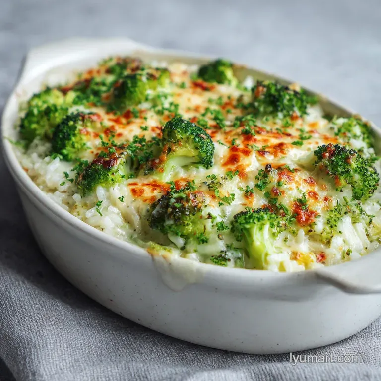 Creamy scoop of broccoli cheese rice casserole on a white plate. Steam rises. Cheesy crust with soft rice and broccoli tex...