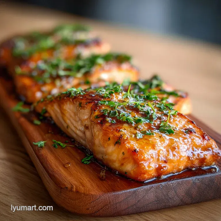 Salmon fillet, bronzed and flaky, atop creamy polenta. Garnished with bright parsley and a drizzle of golden olive oil.