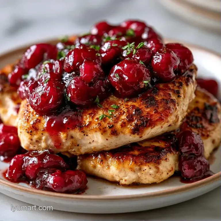 Sliced golden chicken topped with a rich crimson glaze, garnished with fresh thyme on a minimalist white platter.