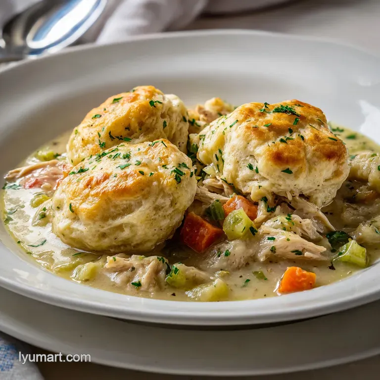 A spoonful of fluffy dumpling dripping with golden gravy, alongside tender chicken and a sprinkle of fresh parsley on a wh...