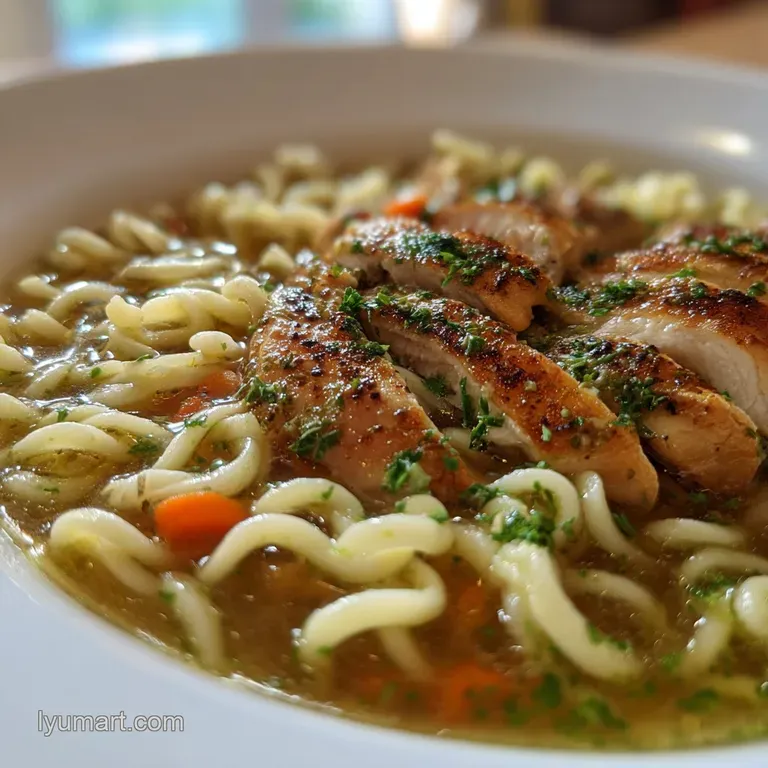 Elegant plate of chicken and noodles. Velvety sauce coats wide noodles with tender chicken. Sprinkled herbs add a pop of f...