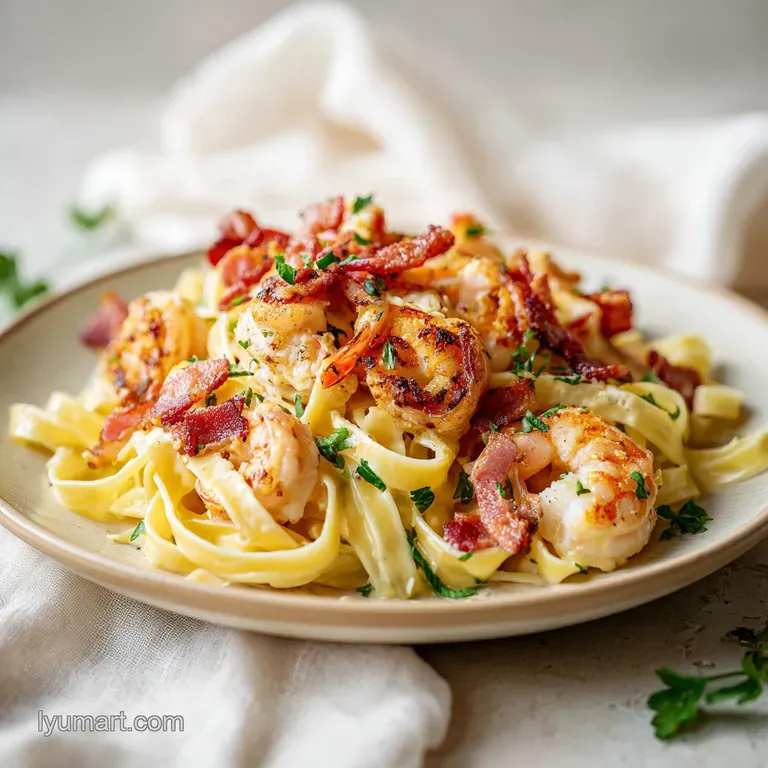 A swirl of pasta in a white bowl, topped with golden chicken, pink shrimp, and a dusting of aged parmesan cheese.