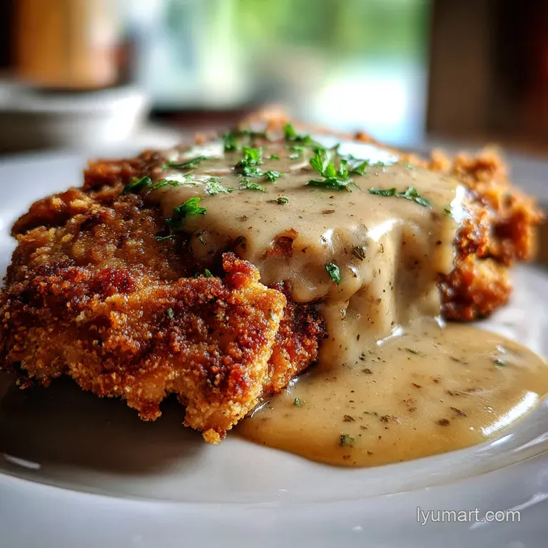 Tender chicken fried steak artfully arranged on a white plate, smothered in gravy and a delicate sprinkle of fresh herbs.