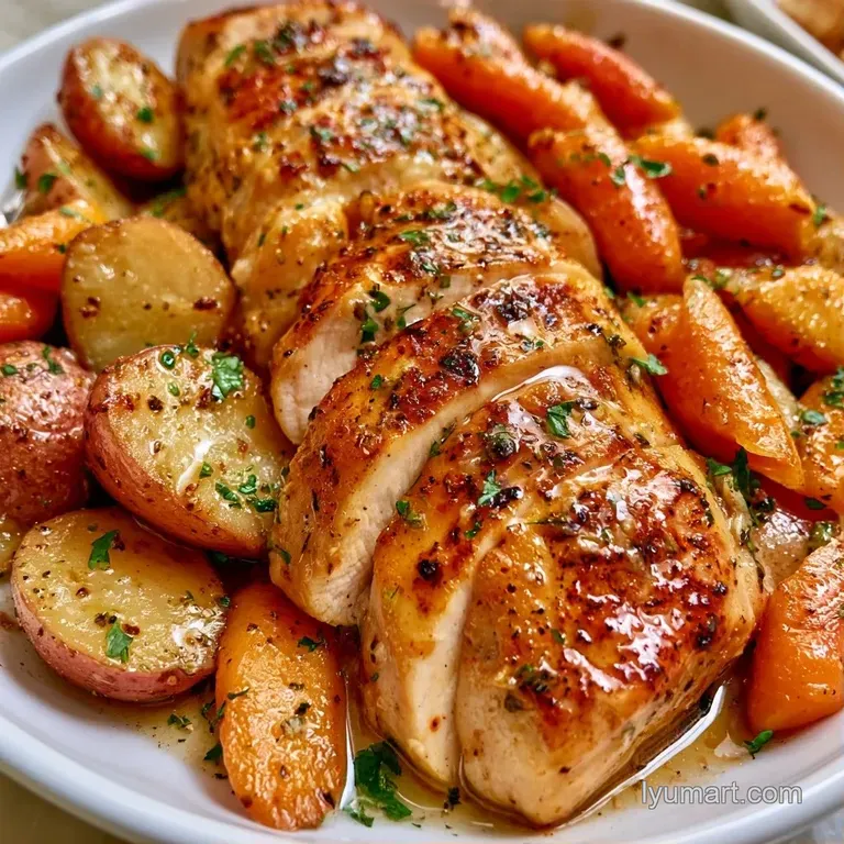Roasted chicken and potato chunks nestled in a silver foil wrap, garnished with parsley on a rustic wooden surface.