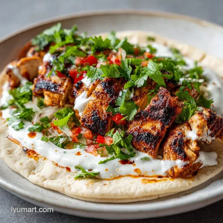 A visually appealing plate of sliced chicken shawarma, drizzled with creamy sauce, next to a colorful array of fresh veget...
