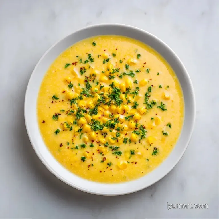 Four elegant bowls of bright yellow velout&eacute; arranged on a rustic wooden table with fresh corn cobs and linens.