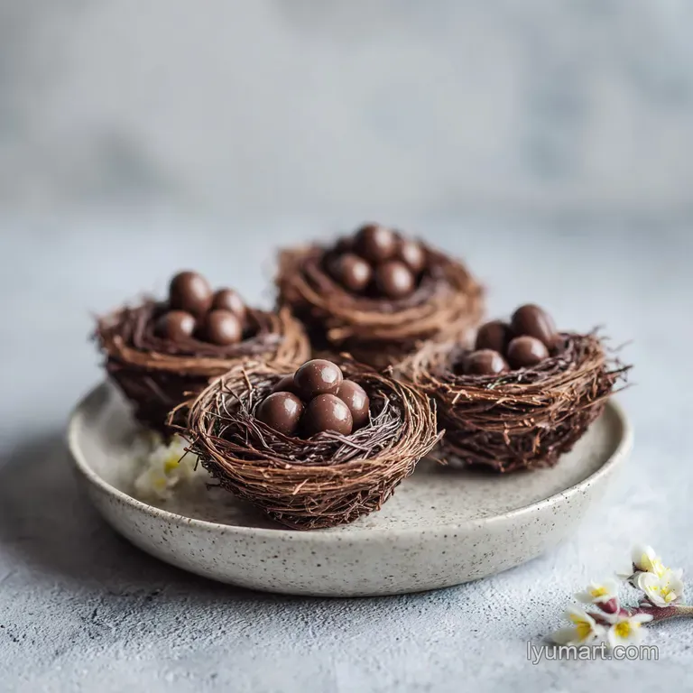 A cluster of chocolate shredded wheat nests artfully arranged with a dusting of powdered sugar and miniature eggs.