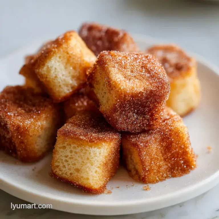A stack of toasted golden cubes topped with a pat of melting butter and a dusting of fine white powdered sugar.