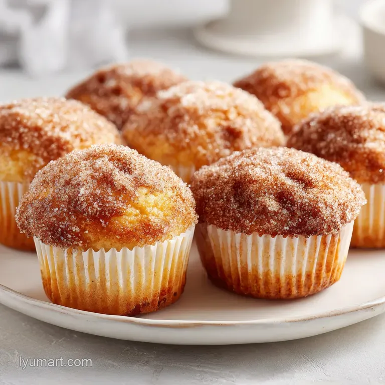 Warm, fluffy donut muffins, elegantly stacked on a white plate. Cinnamon sugar glistening. A comforting and delicious treat.