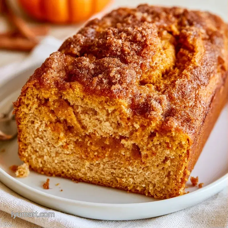 Golden-brown pumpkin bread slices on a rustic wooden board beside a linen napkin and a sprinkle of cinnamon powder.