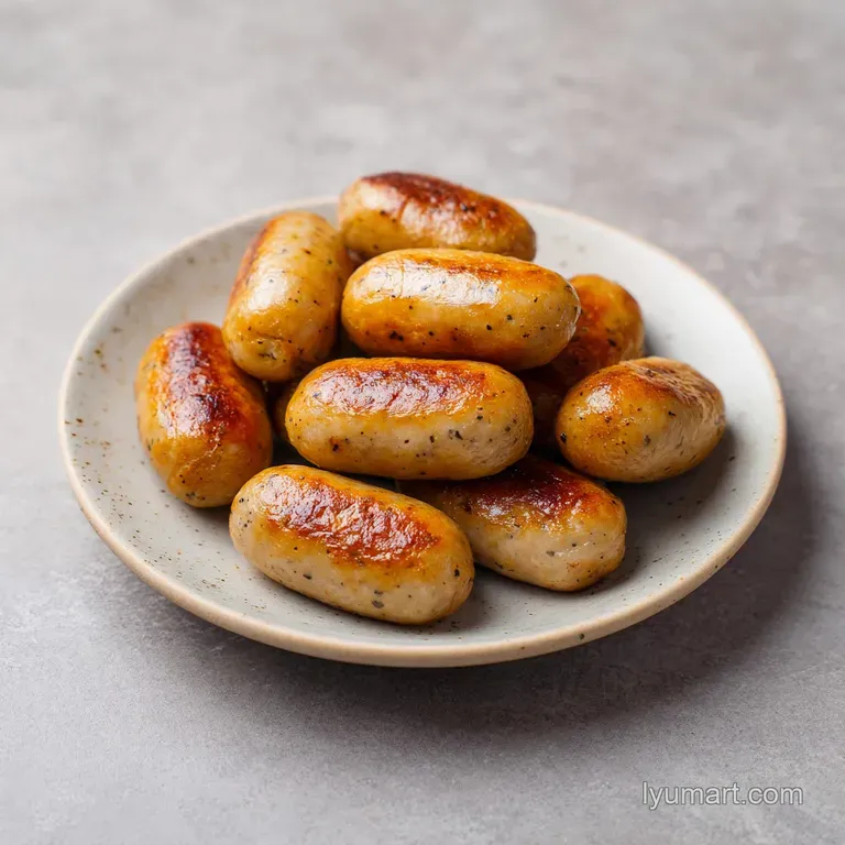 Savory sausage balls arranged artfully on a rustic wooden board, sprinkled with fresh herbs.