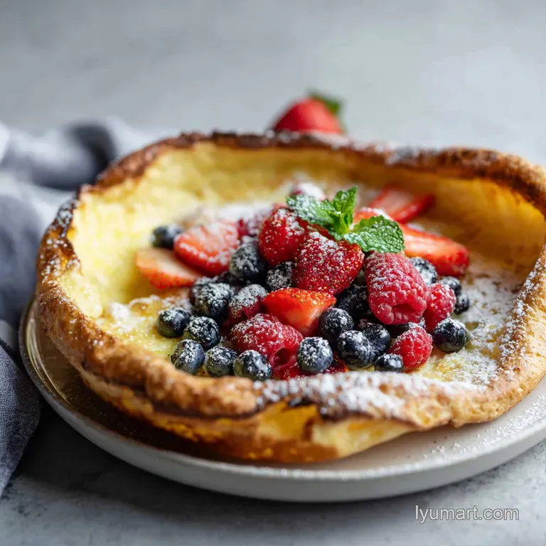 An elegant slice of warm, puffed Dutch baby, served with fresh berries and a dollop of cream