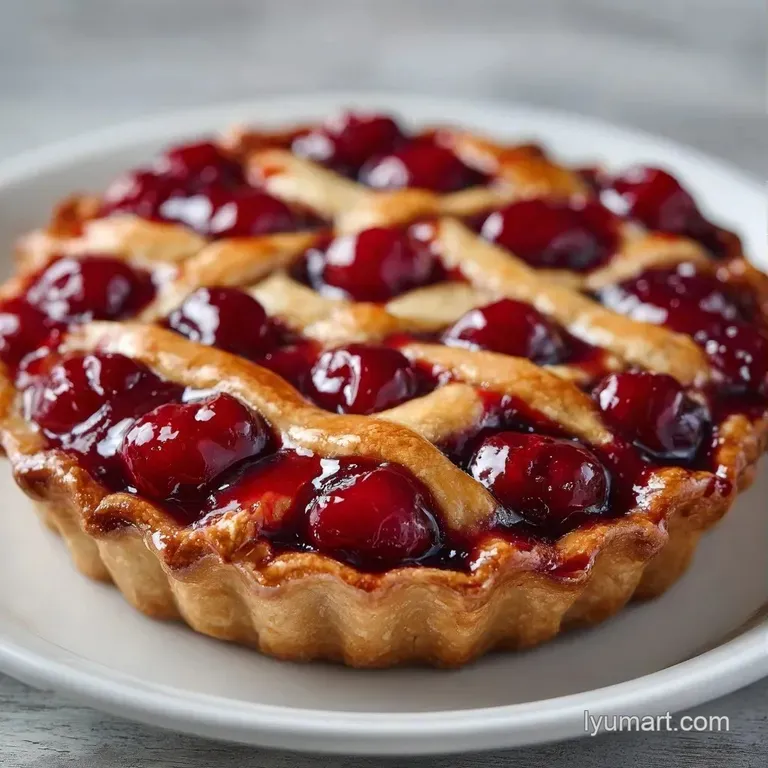A slice of warm tart pie on a white plate with a melting scoop of creamy vanilla ice cream and berry syrup.