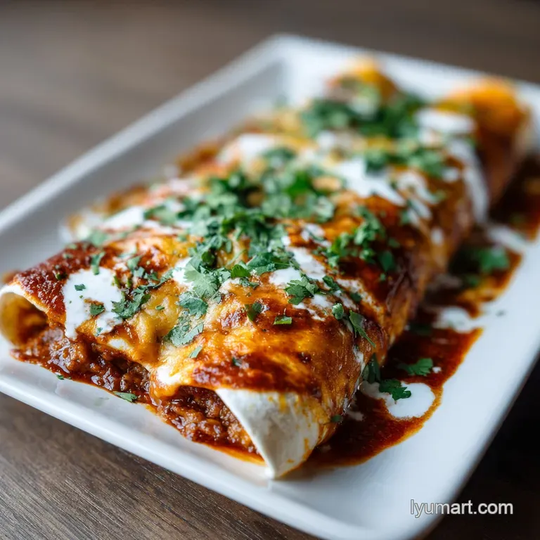 A vibrant stack of chicken enchiladas, glistening with red sauce, garnished with cool sour cream and pico de gallo.