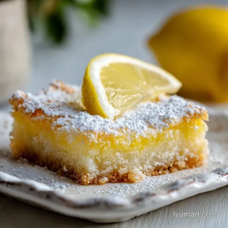 Bright yellow lemon bar squares arranged artfully on a white ceramic plate with a sprig of mint.