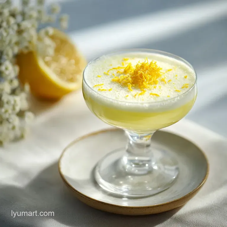 Elegant martini glass with a vibrant lemon twist garnish, catching the light, set against a dark backdrop.