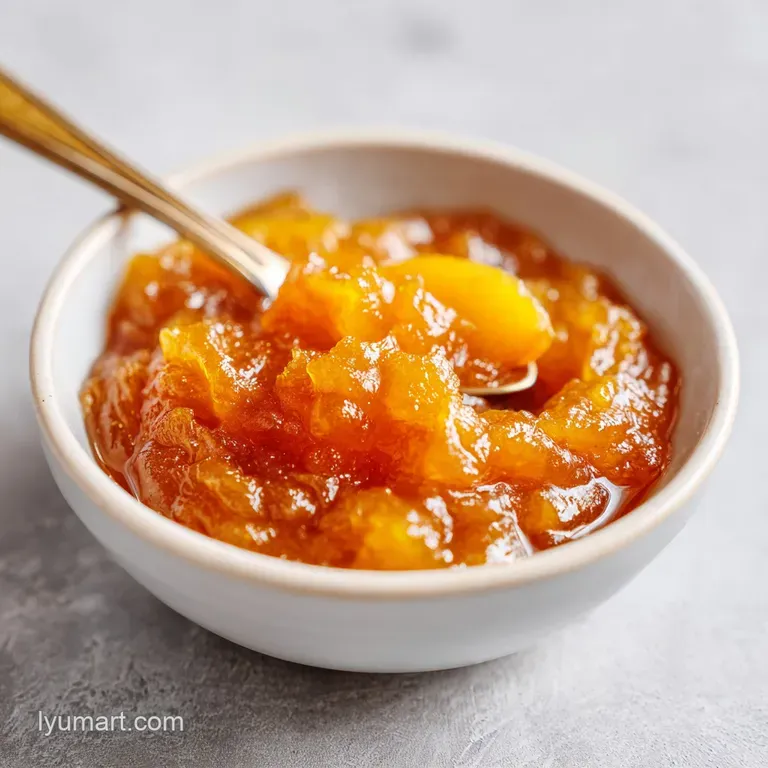 Elegant spoonful of amber peach jam cascading onto a toasted slice of bread, highlighting the jam's rich color and rustic ...