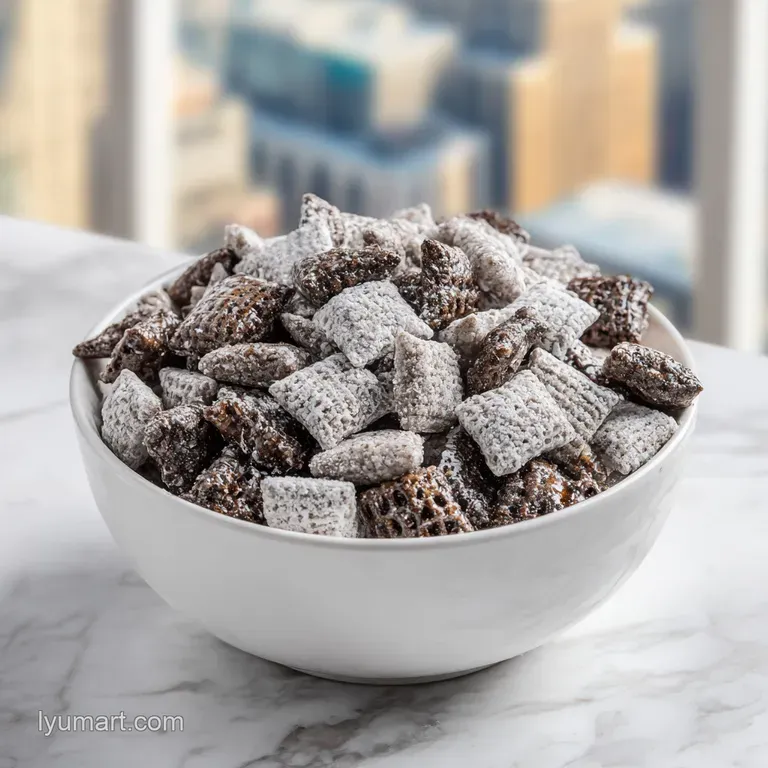 A decorative bowl overflowing with sweet, powdery coated cereal clusters, a tempting snow-dusted treat.