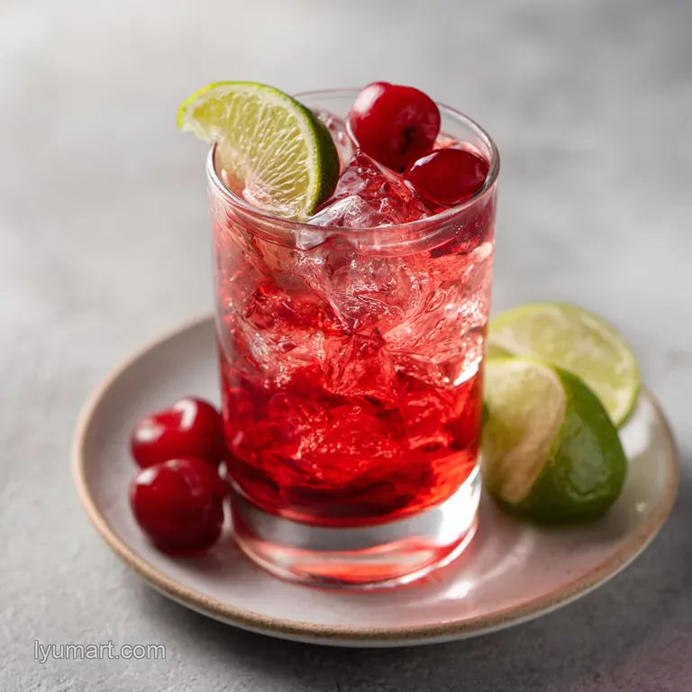 Tall glass filled with a ruby-red, bubbly drink, topped with a glistening maraschino cherry and citrus.