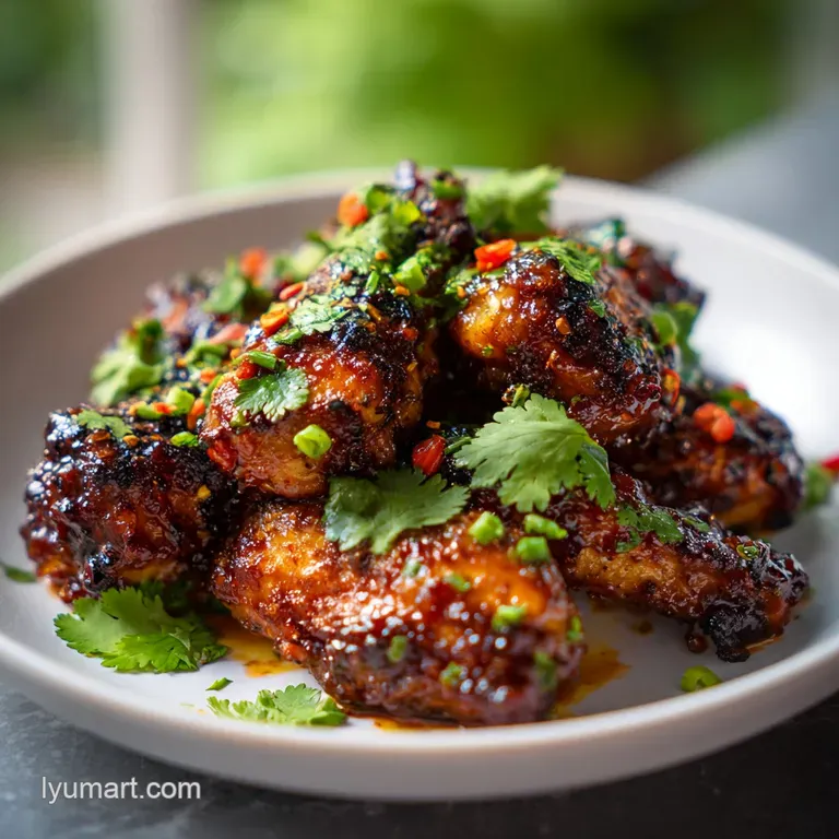 A stack of sticky, caramelized chicken wings on a white plate, garnished with scallions, suggesting a savory and satisfyin...