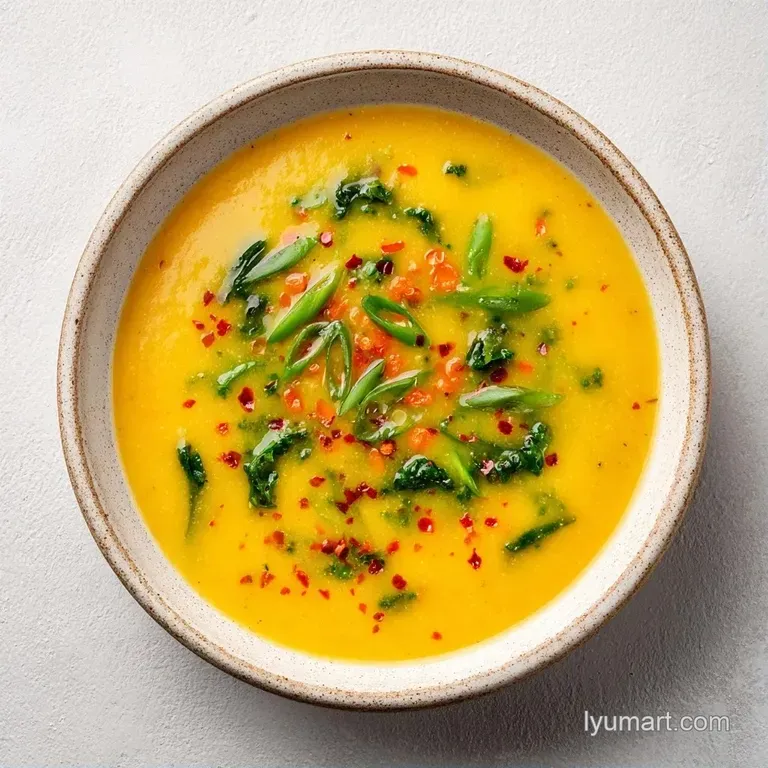 Elegant white bowl of velvety soup topped with a swirl of coconut milk and a fresh sprig of bright green cilantro.
