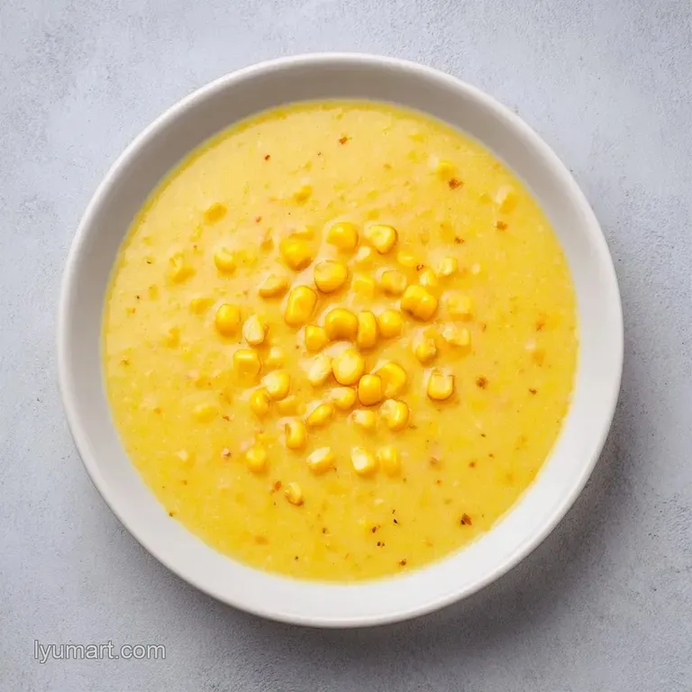 Elegant glass bowl of chilled yellow soup topped with charred corn kernels and a sprig of fresh green micro-herbs.