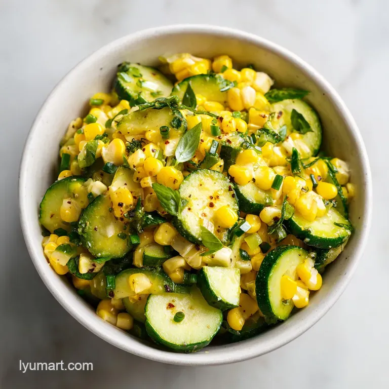 Corn and cucumber salad artfully plated, showcasing textures and colors. Fresh herbs add a bright, inviting touch. Light g...