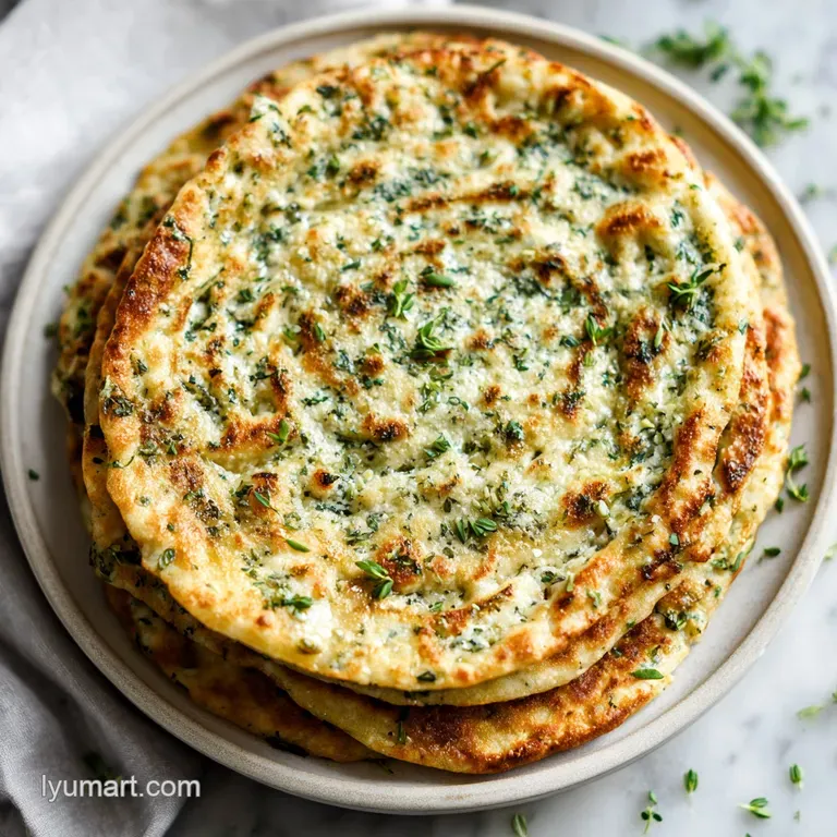 Flexible, creamy-colored flatbread folded on a minimalist plate, garnished with fresh herbs and flaky sea salt