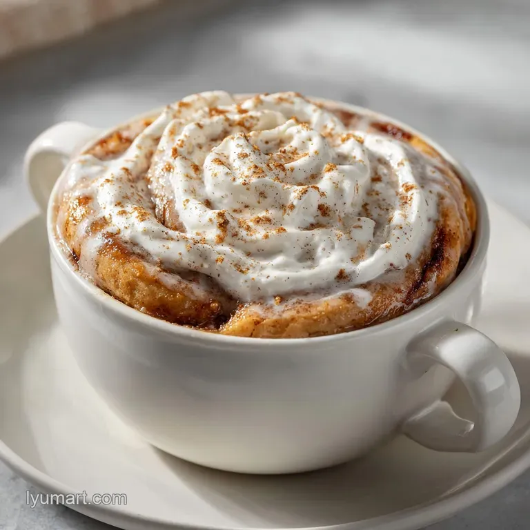 A steaming mug cake topped with sweet glaze, beside a spoon and cinnamon stick. Comforting single-serving dessert.
