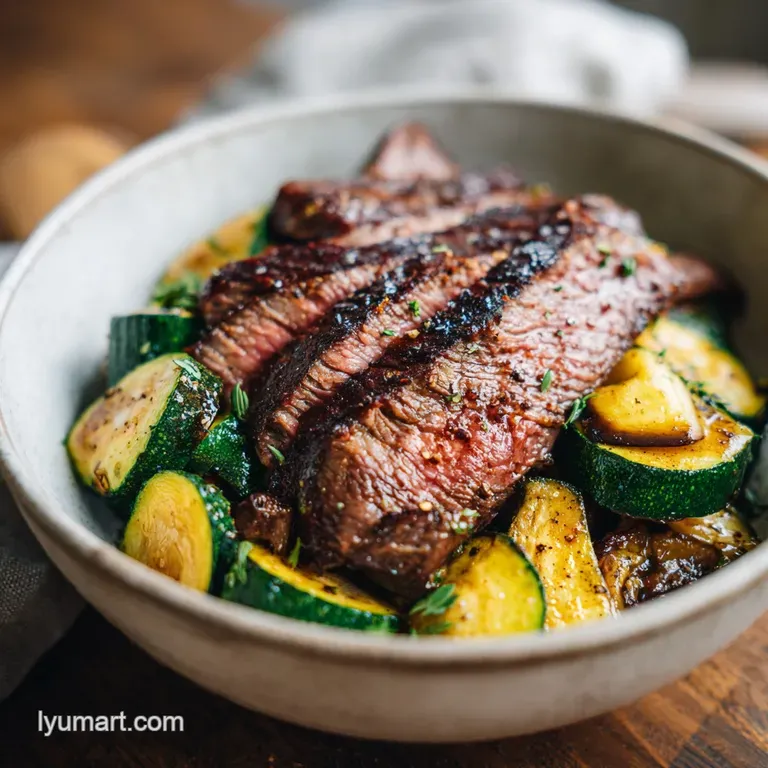 Perfectly plated steak bowl. Juicy steak and vibrant greens artfully arranged. A drizzle of sauce adds a glossy finish. Re...