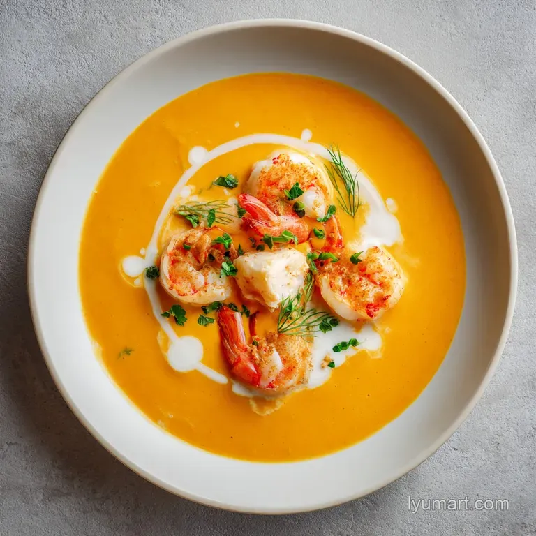Velvety orange seafood soup in a white porcelain bowl, garnished with a buttered shrimp and a pinch of microgreens.