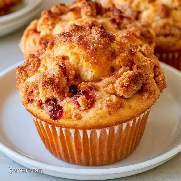 A golden-brown muffin on a white ceramic plate paired with a linen napkin and fresh, tart red berries.