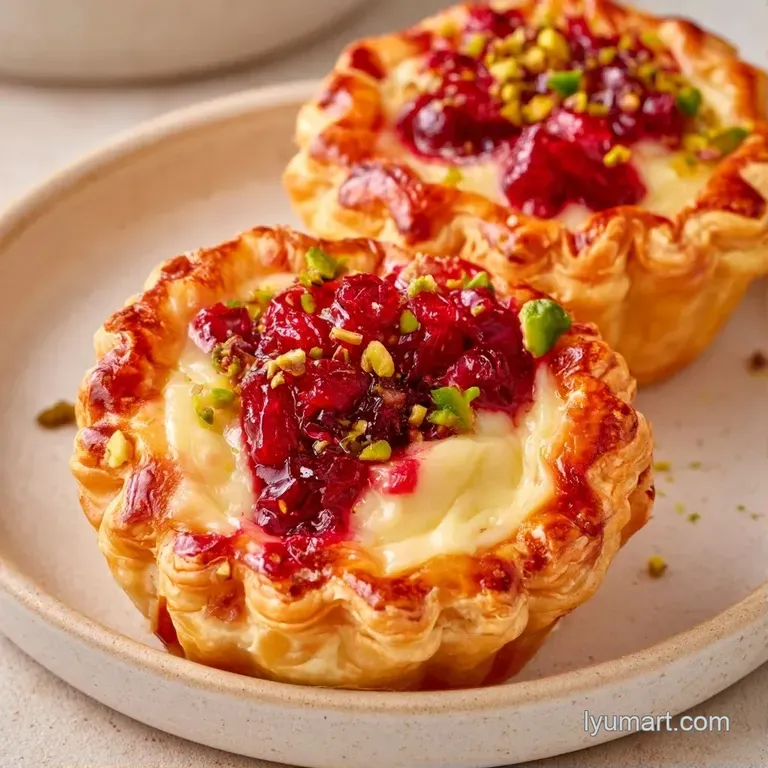 Mini pastry cups with melted brie and red berries arranged on a white ceramic platter with fresh rosemary sprigs.