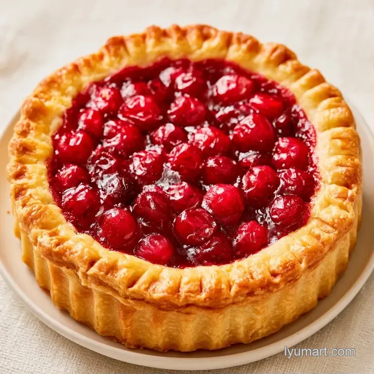 A thin slice of tart on a white porcelain plate, drizzled with cream and garnished with a sprig of fresh mint.
