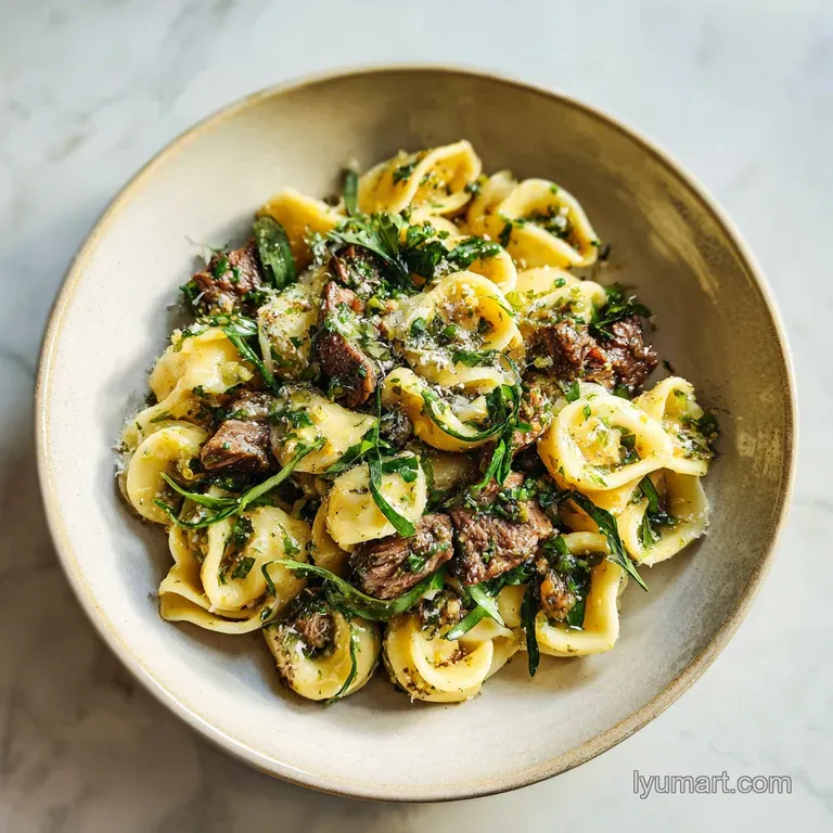Tender beef chunks smothered in a silky garlic cream sauce, plated on a white ceramic dish with a sprig of parsley.