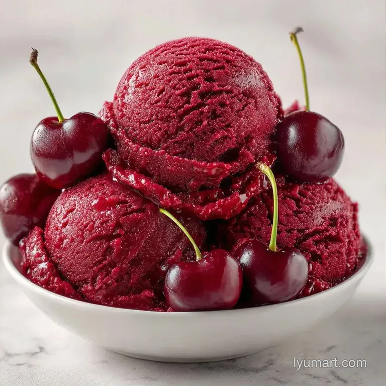 Three elegant scoops of smooth pink frozen dessert on a white ceramic plate with a mint leaf and glossy cherry.