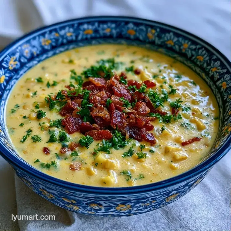 Thick yellow soup served in a matte ceramic bowl, topped with crisp bacon and fresh herbs on a linen surface.
